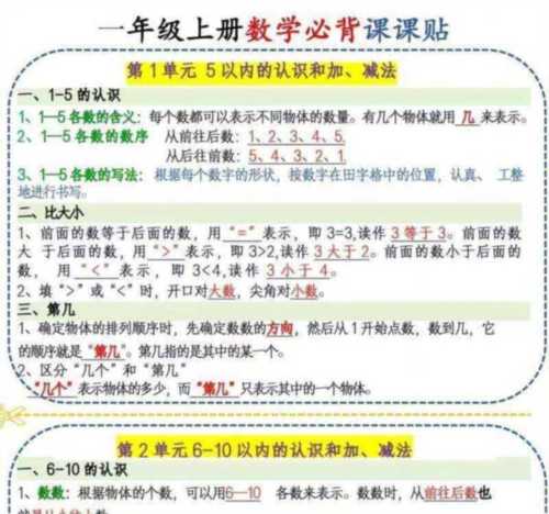一年级数学上册知识归纳大全