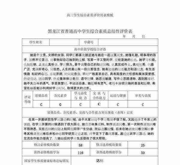 高中生综合素质评价填写模板学生思想品德 信息