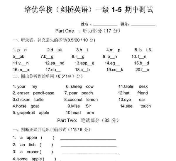 剑桥英语等级考试试题