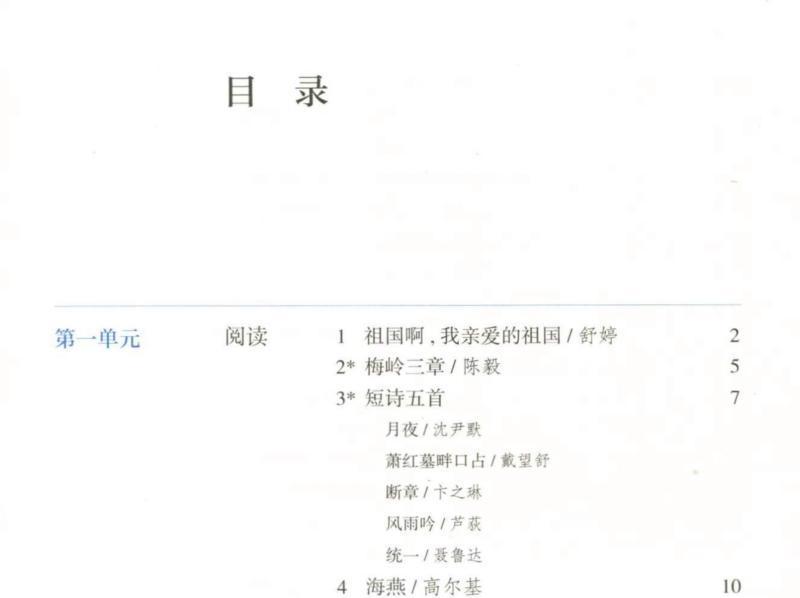 人教版初中语文课本目录表