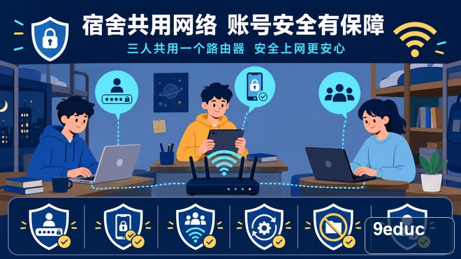 宿舍共享路由器连接多台设备并通过访客网络与独立账号进行隔离的示意图