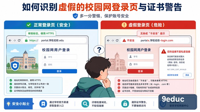 校园网弹出证书警告还能继续吗?识别真假登录页的方法 校园网登录页出现证书警告并核对域名、设备时间和官方入口的示意图