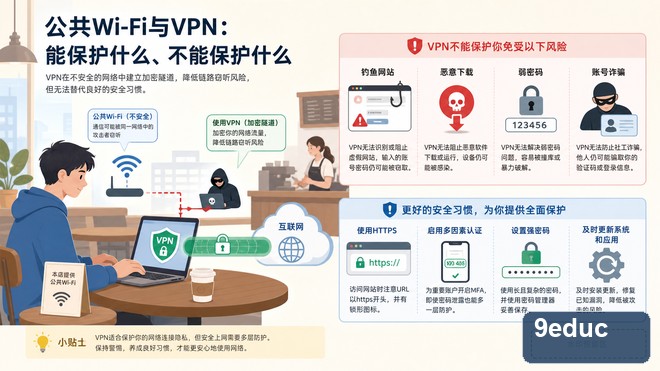 在公共Wi-Fi场景中比较HTTPS、可信VPN、账号验证和移动数据等多层保护