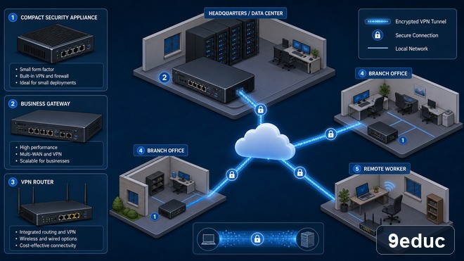 硬件VPN网关连接远程用户、分支网络和企业内部资源的工作方式示意图