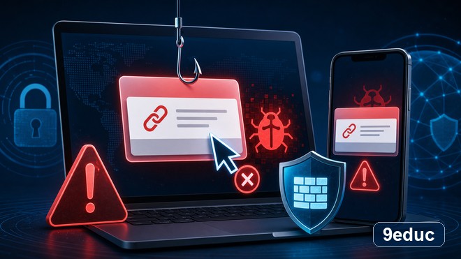 电脑和手机上的可疑链接被防火墙盾牌拦截的网络安全示意图